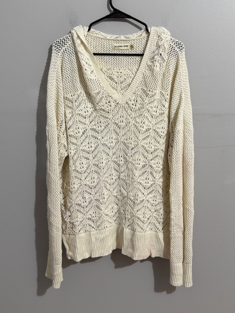 The Normal Brand Womens L Cream Crochet Knit Hooded Sweater V Neck Boho Pullover